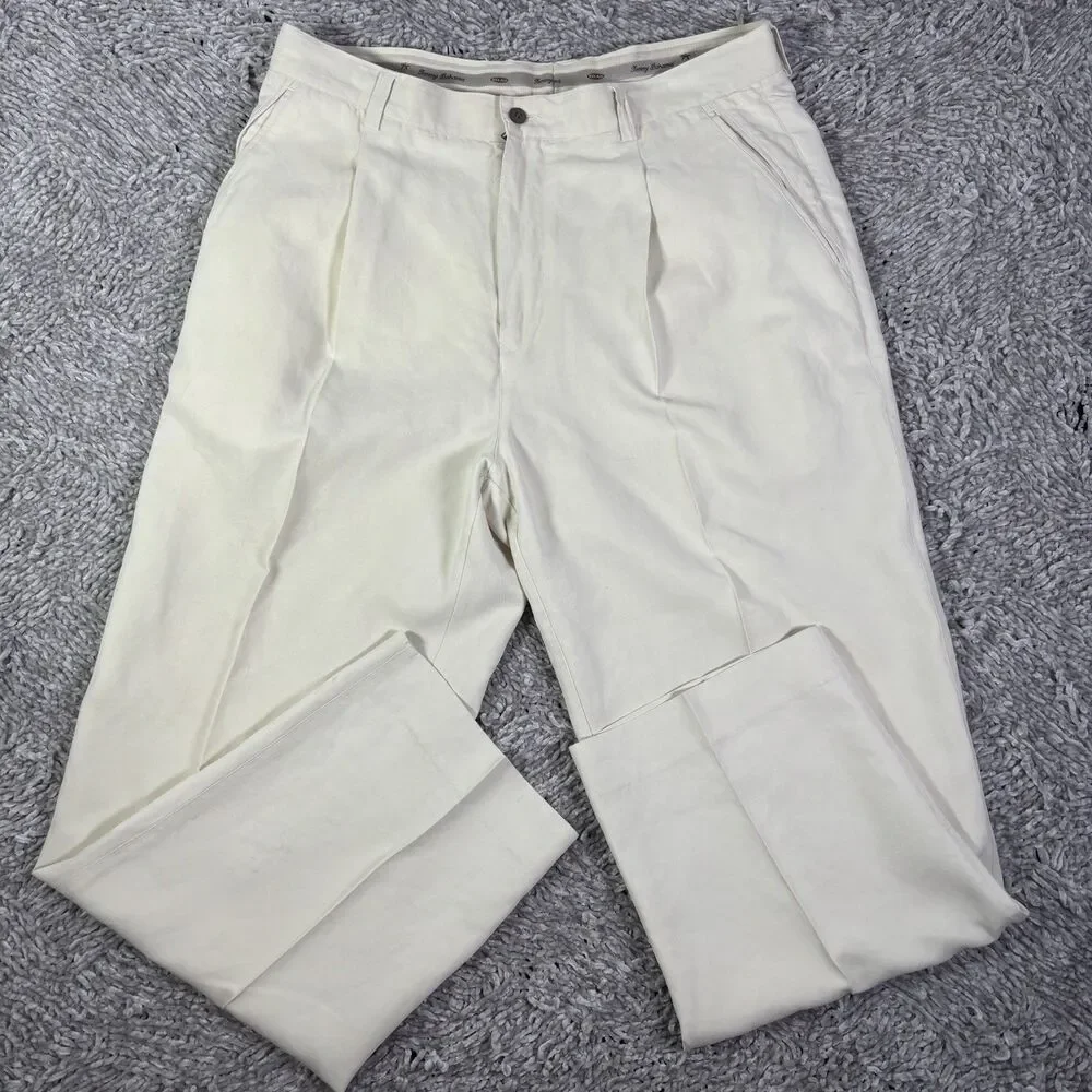 Tommy Bahama Linen Silk Pants Mens 36 Beige Pleated Preppy Designer Beach Summer